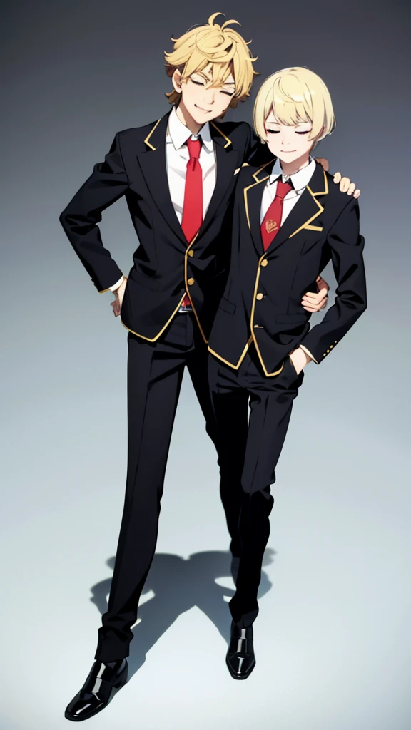 1boy,18s,short hair,blonde hair,smile,closed eyes.(no background, simple background),red necktie,black jacket, blazer,long sleeves,pants,upper body,walking,multiple_eyes