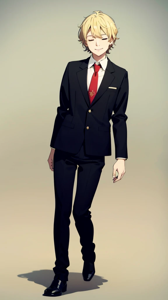 1boy,18s,short hair,blonde hair,smile,closed eyes.(no background, simple background),red necktie,black jacket, blazer,long sleeves,pants,upper body,walking,multiple_eyes