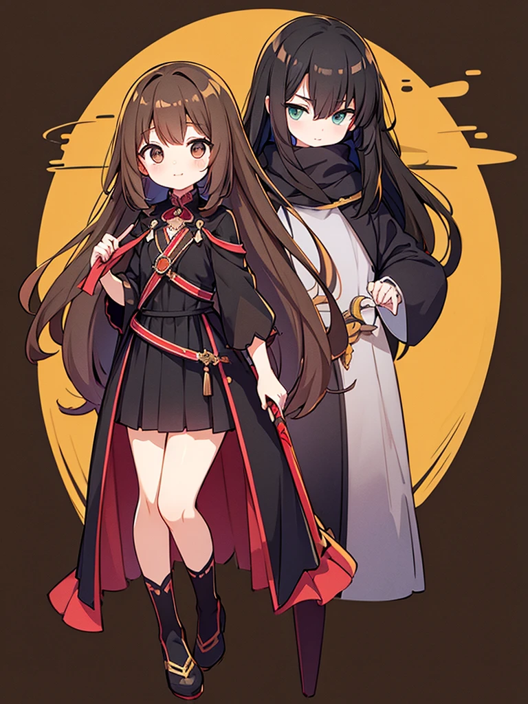 Full-body portrait、Holding a black sword、woman、、Brown Hair、Long Hair、Mischievous、Brown based dress