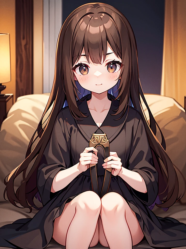 Full-body portrait、Holding a black sword、woman、、Brown Hair、Long Hair、Mischievous、Brown based dress