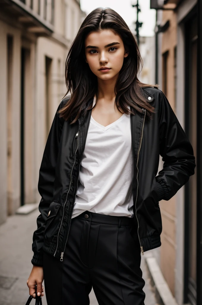 Photography of a 20 year old woman, perfect face, Masterpiece, good, underwear, black_good, jacket, black_trousers