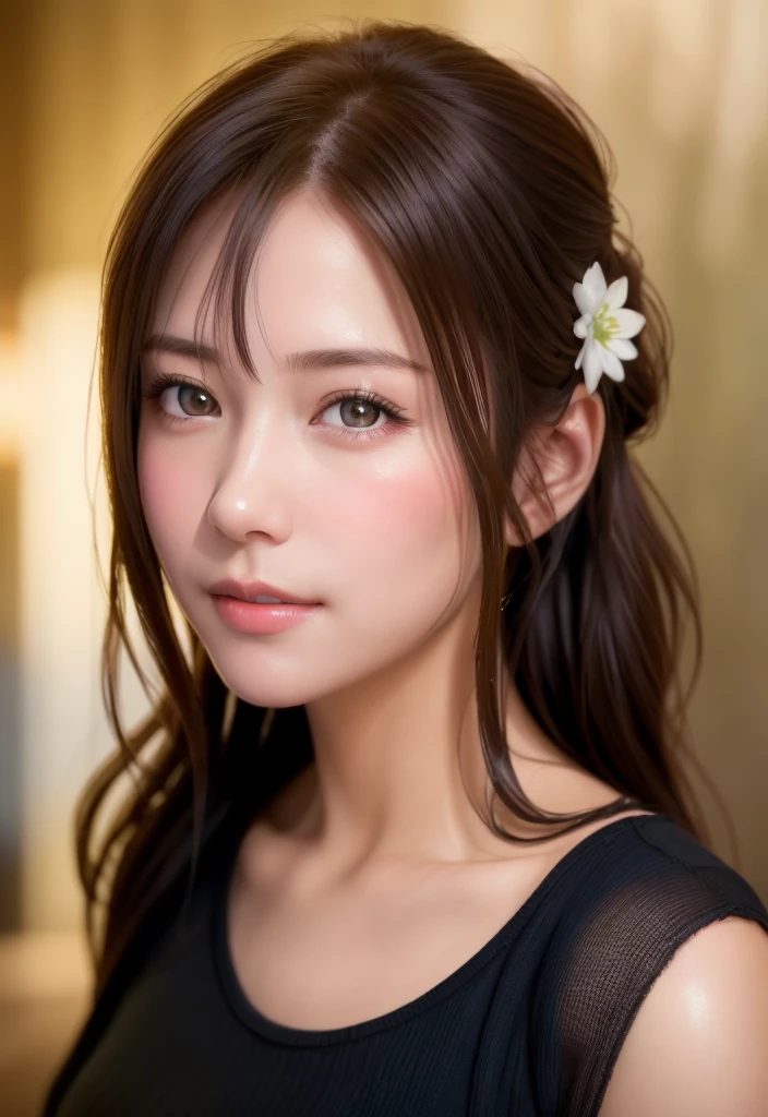 8K, of the highest quality, masutepiece:1.2), (Realistic, Photorealsitic:1.37), of the highest quality, masutepiece, Beautiful young woman, Pensive expression,、A charming、And a gentle look, cute young lady, Newlywed life、Welcome、Happy expression、Hair tied back, Cinematic background, Light skin tone