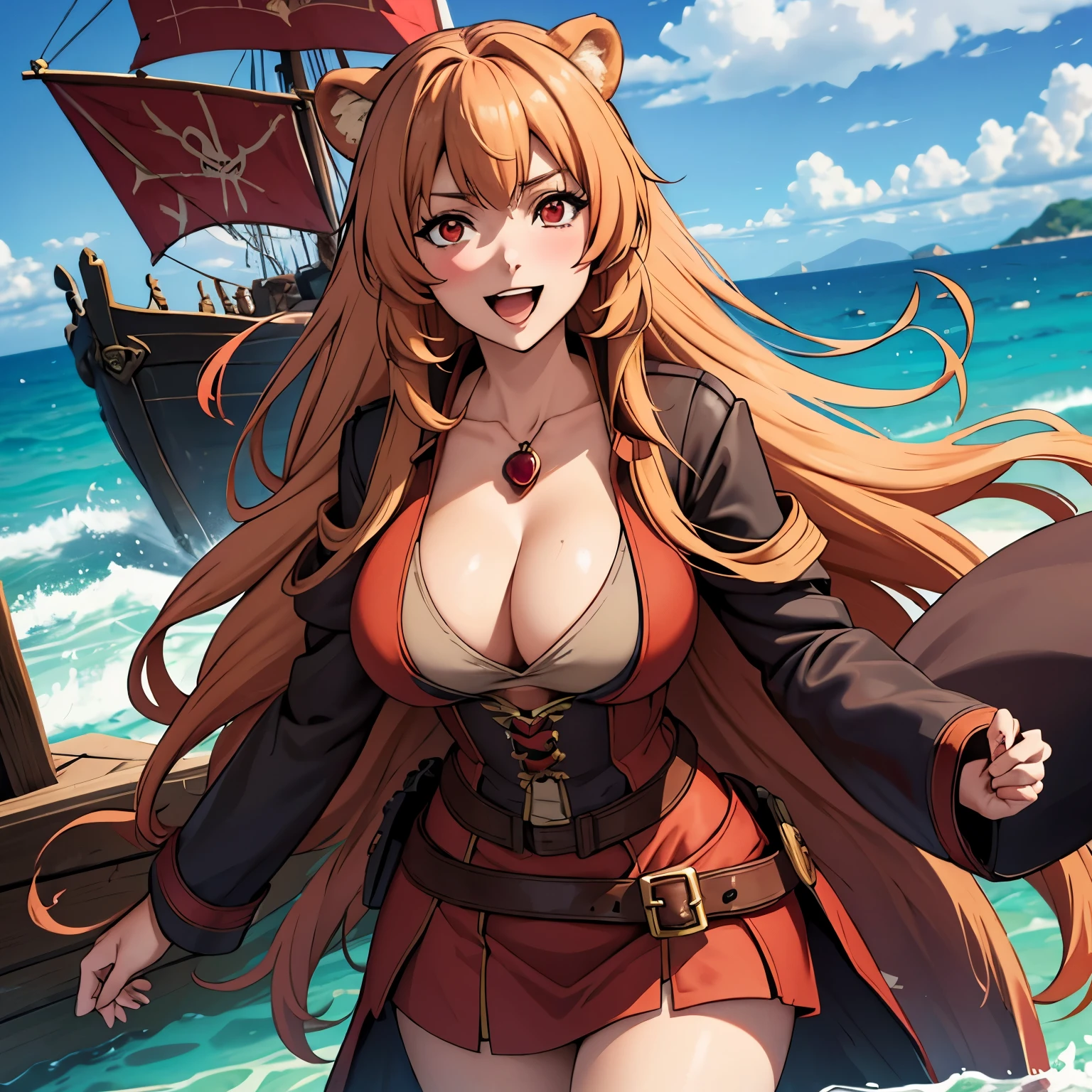 
raphtalia, 25 year old woman. blonde hair red tips of her hair. red whores., red eyes like rubies ,bear ears, big breasts, blush, happy smile, Open mouth,  dressed as a pirate, pirate captain clothing, neckline, background a pirate ship in the middle of the ocean. floating hair, mature face. neckline,