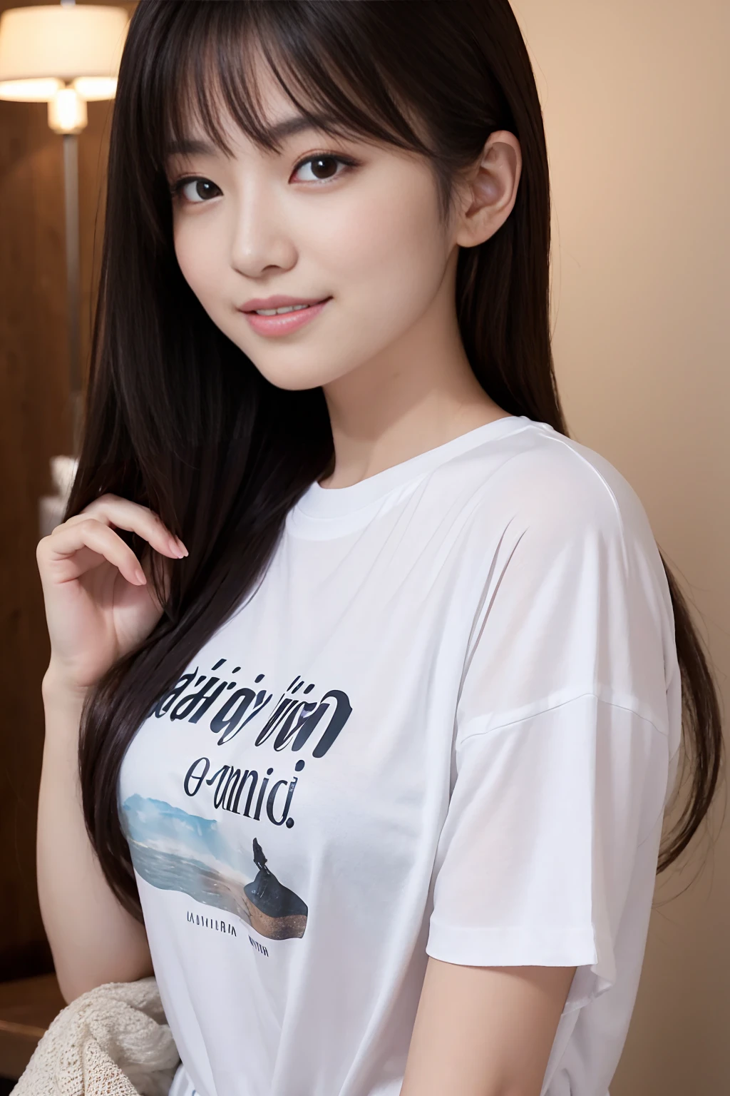 Create a close-up image of a beautiful Japanese woman with a seductive smile.。She was only wearing a large T-shirubtly shows off the curves。Long hair、Flowing, shiny black hair。The background is a softly blurred, intimate interior、The warm lighting highlights her features.。The makeup is perfect、Particular emphasis is placed on the eyes and lips to bring out her charm.。Confident、She has a slightly mysterious look、Exudes elegance and charm。The T-shirt hangs loosely around her body.、Try to keep it casual yet sexy。