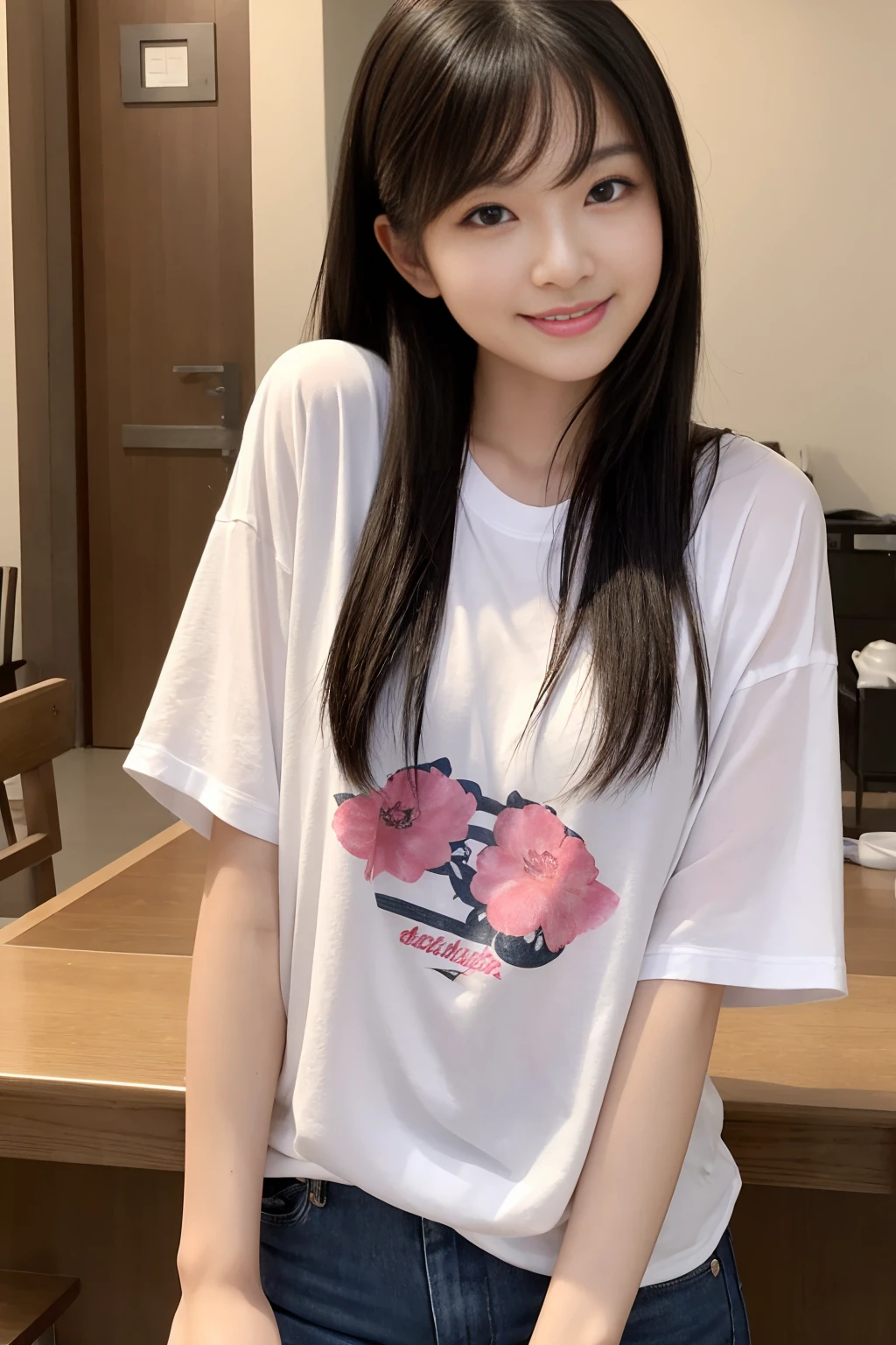 Create a close-up image of a beautiful Japanese woman with a seductive smile.。She was only wearing a large T-shirubtly shows off the curves。Long hair、Flowing, shiny black hair。The background is a softly blurred, intimate interior、The warm lighting highlights her features.。The makeup is perfect、Particular emphasis is placed on the eyes and lips to bring out her charm.。Confident、She has a slightly mysterious look、Exudes elegance and charm。The T-shirt hangs loosely around her body.、Try to keep it casual yet sexy。