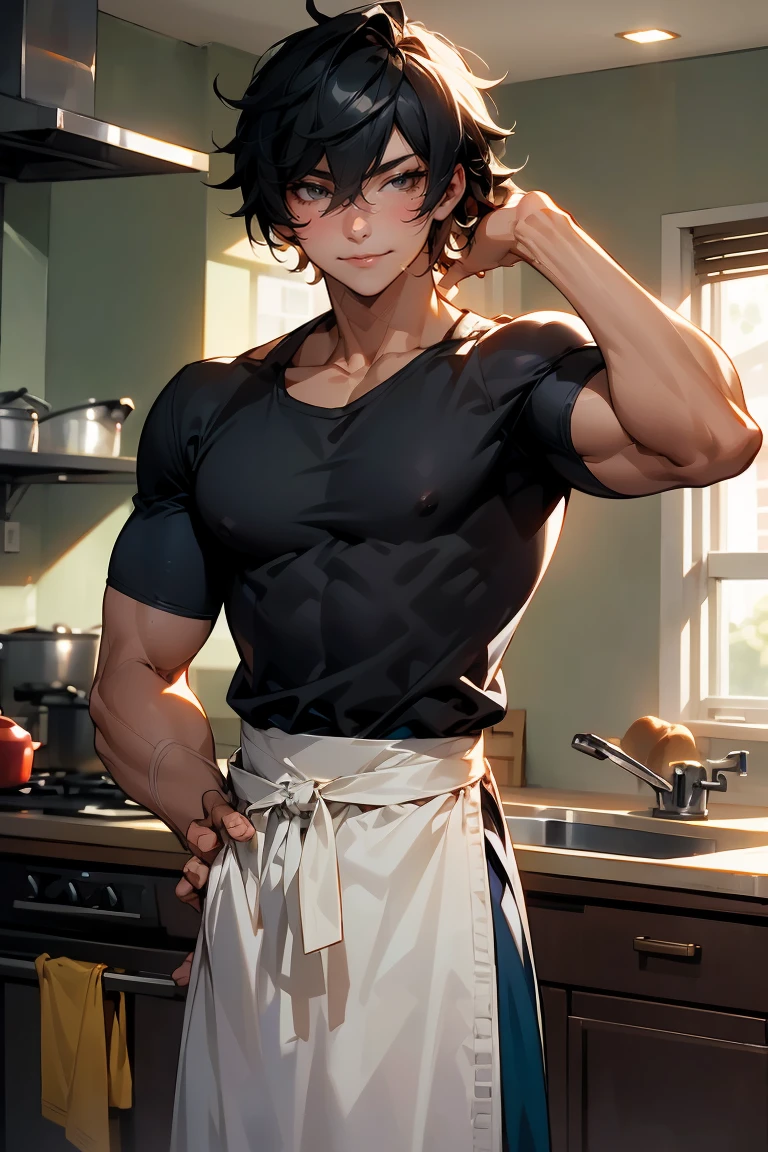 male character, young adult, fit lean body, muscular, himbo, tan skin, bubbly personality, long fluffy hair black hair with red strands, on a kitchen, cooking something, bishonen, celshaded, bright and warm colors, homey vibe, casual clothes with apron on