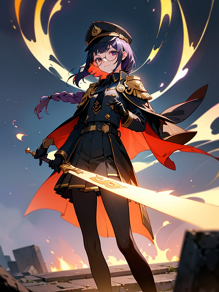 realisitic, City Deserted, Pile of rubble, Brick building, a one woman (18 years old, far away blackw hair, far away slits, Eyes red, glare eyes, 精致的面容, standing (In floor, feet shoulder-width apart), Lolita style military uniform (blackw base, blue Insert, golden decoration, volantes, wide sleeves, dainty and delicate detailing armors), blackw far away gloves (blackw, blue Insert, golden decoration, small hands, armors), blackw far away gloves, knee high boots (blackw, high-heels, red soles), ha (blackw, aba dourada, shield emblem, delicate details), arms in front, Front of belly, Holding military swords with both hands (blackw, golden decoration, delicate detail, Handle at the top, Ground-facing blade, in front of the body, far away), night sky (blackw, stele, Increased flames and smoke) Pale painting style, One Girl, super high quality, Super Detail, Super Detailed image, long hair, looking at viewer, skirt, shirt, hair ornament, violet eyes, gloves, round glasses, long sleeves, hat, closed mouth, jacket, violet hair, braid, open clothes, necktie, black gloves, black skirt, uniform, single braid, open jacket, black jacket, black headwear, 手链, peaked cap, black necktie, cropped jacket, military hat, pantyhose, Flat Chest, smile, Black Cape