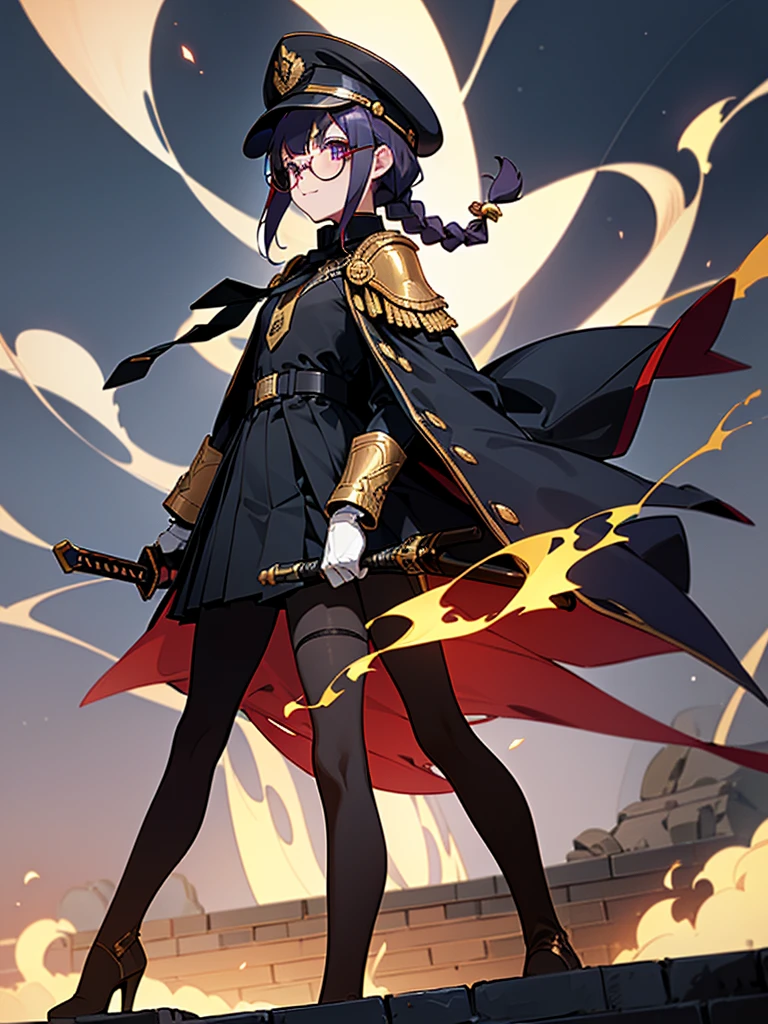 realisitic, City Deserted, Pile of rubble, Brick building, a one woman (18 years old, far away blackw hair, far away slits, Eyes red, glare eyes, 精致的面容, standing (In floor, feet shoulder-width apart), ta style military uniform (blackw base, blue Insert, golden decoration, volantes, wide sleeves, dainty and delicate detailing armors), blackw far away gloves (blackw, blue Insert, golden decoration, small hands, armors), blackw far away gloves, knee high boots (blackw, high-heels, red soles), ha (blackw, aba dourada, shield emblem, delicate details), arms in front, Front of belly, Holding military swords with both hands (blackw, golden decoration, delicate detail, Handle at the top, Ground-facing blade, in front of the body, far away), night sky (blackw, stele, Increased flames and smoke) Pale painting style, One Girl, super high quality, Super Detail, Super Detailed image, long hair, looking at viewer, skirt, shirt, hair ornament, violet eyes, gloves, round glasses, long sleeves, hat, closed mouth, jacket, violet hair, braid, open clothes, necktie, black gloves, black skirt, uniform, single braid, open jacket, black jacket, black headwear, 手链, peaked cap, black necktie, cropped jacket, military hat, pantyhose, Flat Chest, smile, Black Cape