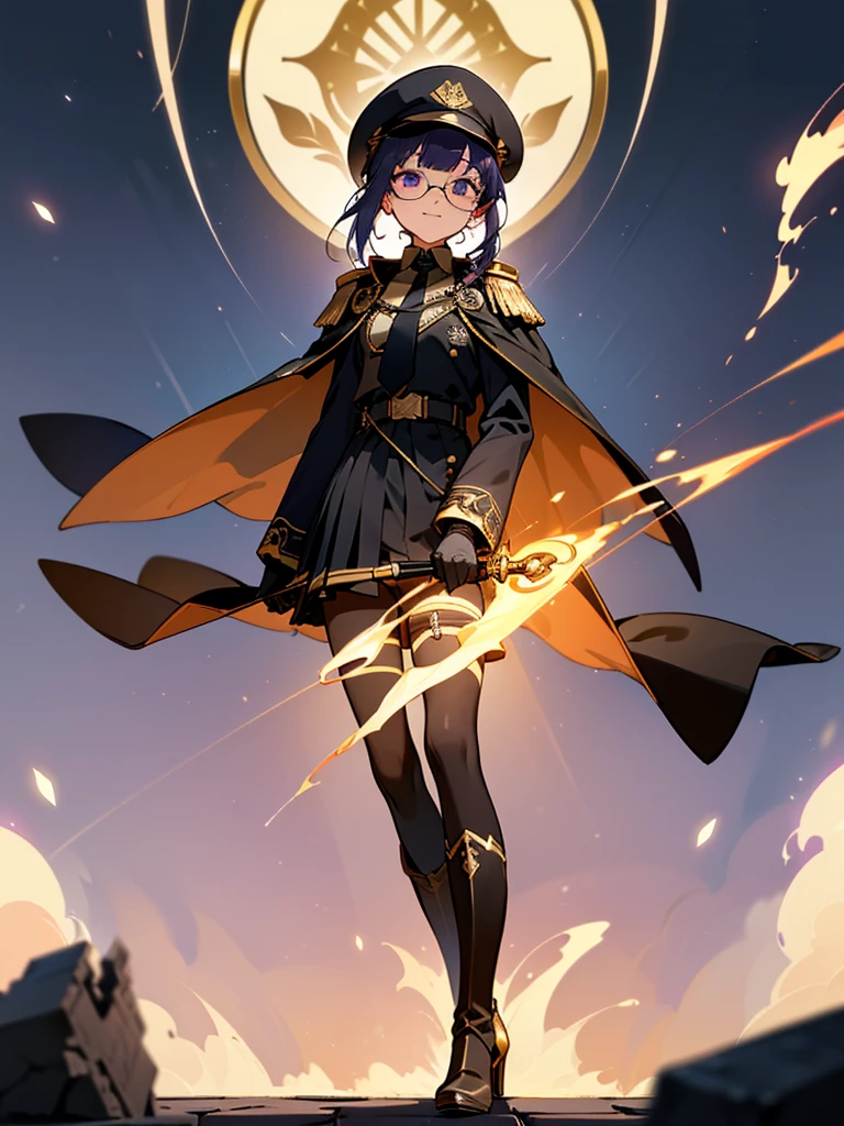 realisitic, City Deserted, Pile of rubble, Brick building, a one woman (18 years old, far away blackw hair, far away slits, Eyes red, glare eyes, 精致的面容, standing (In floor, feet shoulder-width apart), Lolita style military uniform (blackw base, blue Insert, golden decoration, volantes, wide sleeves, dainty and delicate detailing armors), blackw far away gloves (blackw, blue Insert, golden decoration, small hands, armors), blackw far away gloves, knee high boots (blackw, high-heels, red soles), ha (blackw, aba dourada, shield emblem, delicate details), arms in front, Front of belly, Holding military swords with both hands (blackw, golden decoration, delicate detail, Handle at the top, Ground-facing blade, in front of the body, far away), night sky (blackw, stele, Increased flames and smoke) Pale painting style, One Girl, super high quality, Super Detail, Super Detailed image, long hair, looking at viewer, skirt, shirt, hair ornament, violet eyes, gloves, round glasses, long sleeves, hat, closed mouth, jacket, violet hair, braid, open clothes, necktie, black gloves, black skirt, uniform, single braid, open jacket, black jacket, black headwear, 手链, peaked cap, black necktie, cropped jacket, military hat, pantyhose, Flat Chest, smile, Black Cape