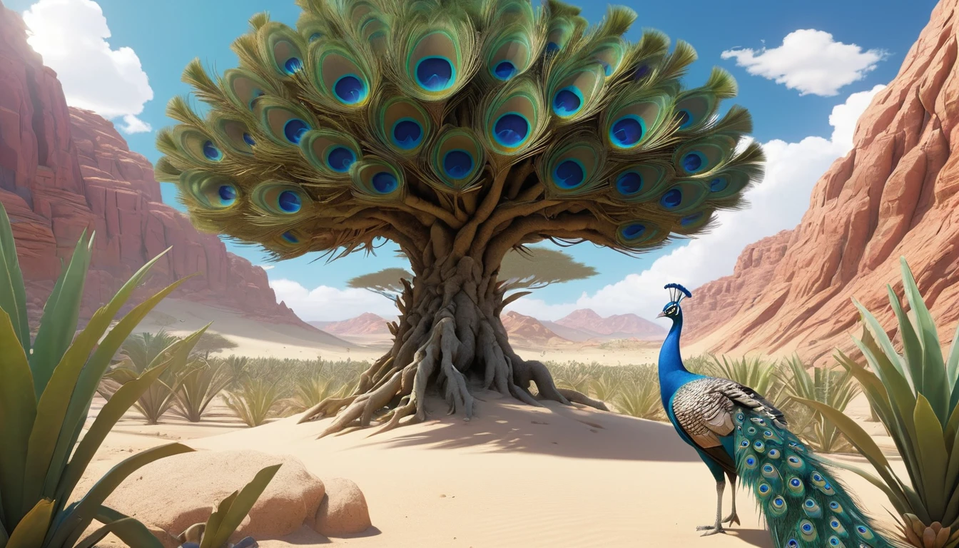 A breathtaking 3D anime-inspired scene of a desert. In the desert, The weather is sunny, in the desert oasis, There are twelve peacocks together, There are three adult females, five adult males, and four young peacocks. The oasis there are a lot of plants , the plants are green, while the high-definition rendering and detailed textures create an immersive experience., cinematic, anime, vibrant, 3d render
