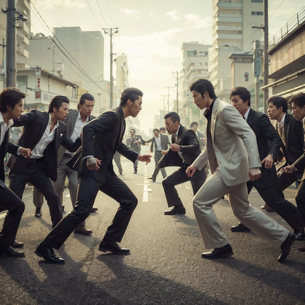 2 groups of yakuza are fighting, Realistic, Cinematic, very detail, 4K