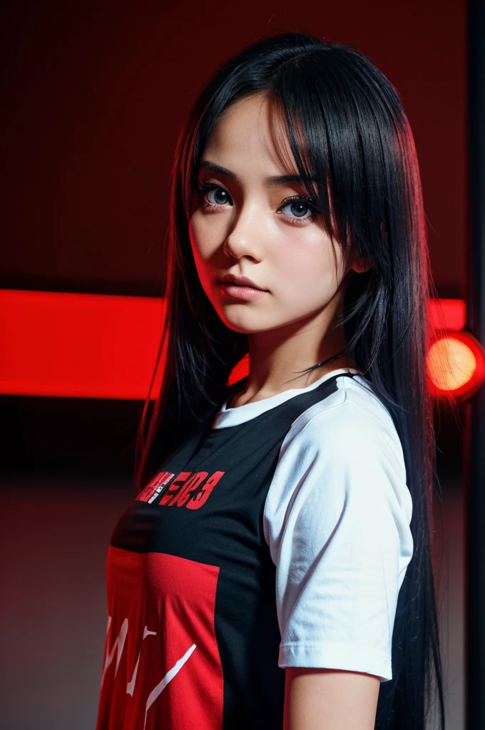 An anime girl with red and blue animation coming out of her eyes and free fire written on her shirt.  Jamat long light red light black.  The back background is covered in black.