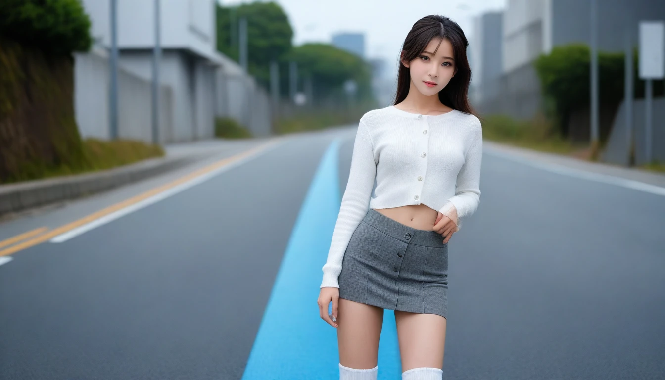 8K, Ultra-high resolution, Highest quality, masterpiece, 三分割法によるphotograph,Surreal, photograph, 1 Girl, (16 years old:1.3), pretty girl, Cute face, Beautiful eyes in every detail, 細かくdetailedに,masterpiece,One Girl:1.2, Japan Female Announcer,whole body,from below,Fearful expression,Black Hair,Messy hair,Cyber city of the near future,Wearing a cardigan sweater on your back、A girl alone in the middle of the road, Grey knee-length skirt, White knee-high socks and black shoes,Beautiful leg line beauty,Realistic Skin, Perfect and beautiful face ,完璧でCute face, Skin with attention to detail, Perfect limbs、Narrow waist、Thin legs),Looking at the audience、beauty,Long neck、(((Ideal body type))),A cup small breasts :2,Portraiture:2,Perfect Anatomy,鮮明なdetailed,detailed,Surreal,Light and shadow,darkness