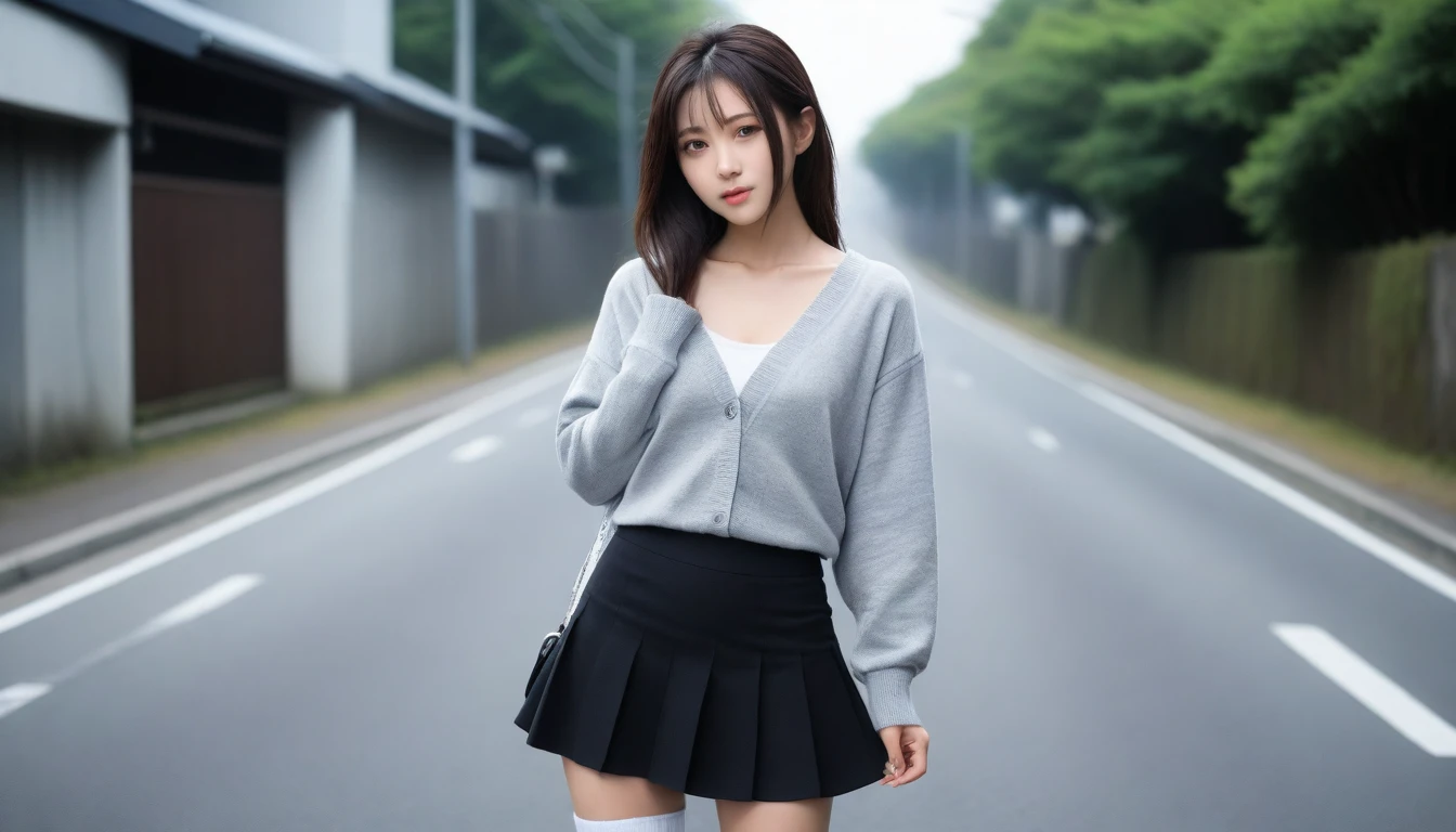 8K, Ultra-high resolution, Highest quality, masterpiece, 三分割法によるphotograph,Surreal, photograph, 1 Girl, (16 years old:1.3), pretty girl, Cute face, Beautiful eyes in every detail, 細かくdetailedに,masterpiece,One Girl:1.2, Japan Female Announcer,whole body,from below,Fearful expression,Black Hair,Messy hair,Cyber city of the near future,Wearing a cardigan sweater on your back、A girl alone in the middle of the road, Grey knee-length skirt, White knee-high socks and black shoes,Beautiful leg line beauty,Realistic Skin, Perfect and beautiful face ,完璧でCute face, Skin with attention to detail, Perfect limbs、Narrow waist、Thin legs),Looking at the audience、beauty,Long neck、(((Ideal body type))),A cup small breasts :2,Portraiture:2,Perfect Anatomy,鮮明なdetailed,detailed,Surreal,Light and shadow,darkness