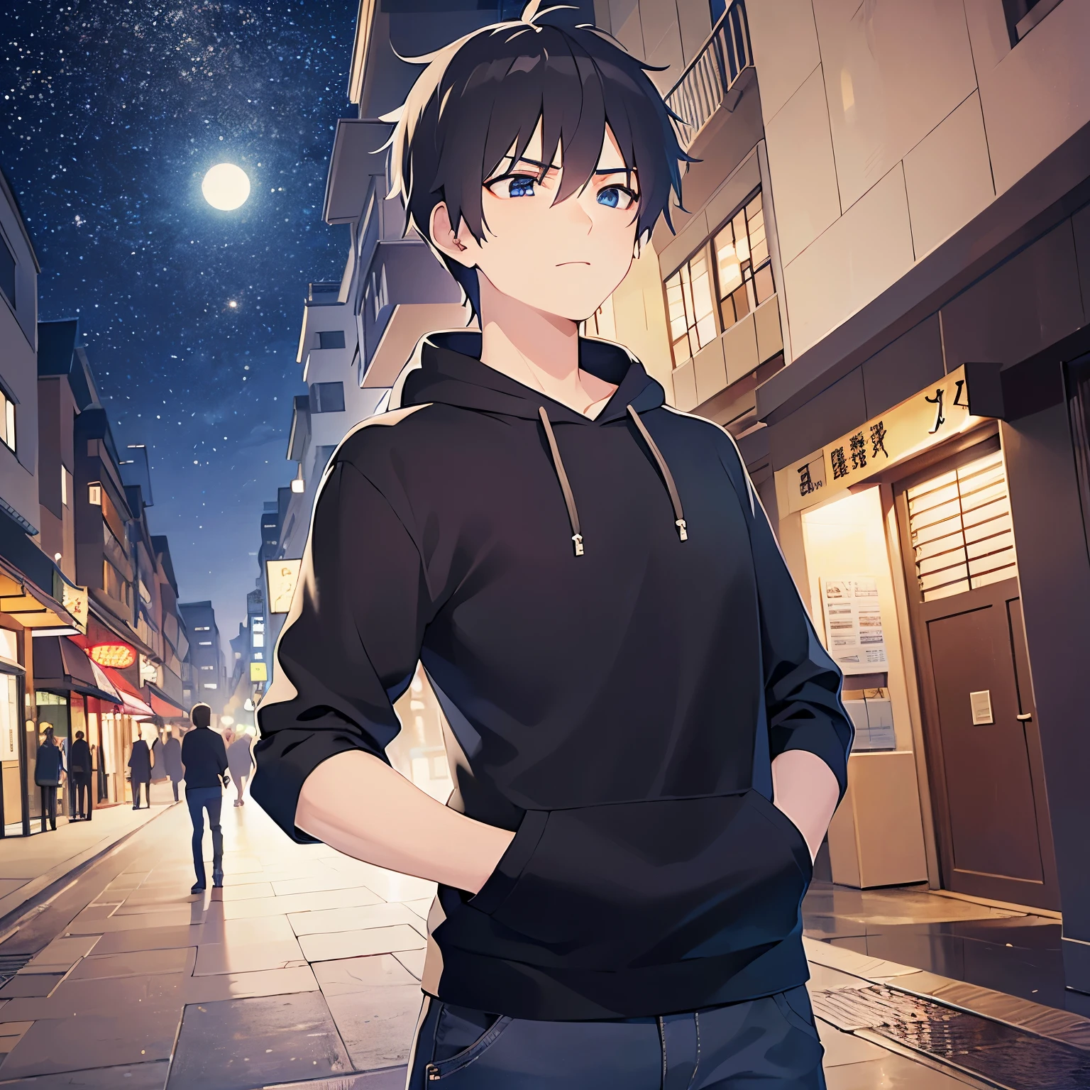 （running:1.5）.(looking away:1.5),upper body、
shiny skin, masterpiece、Highest quality、(25-year-old male:1.5) and (Black short hair) and (blue eyes)
black hoodie ,
Night Park、（Night Sky：1.5）