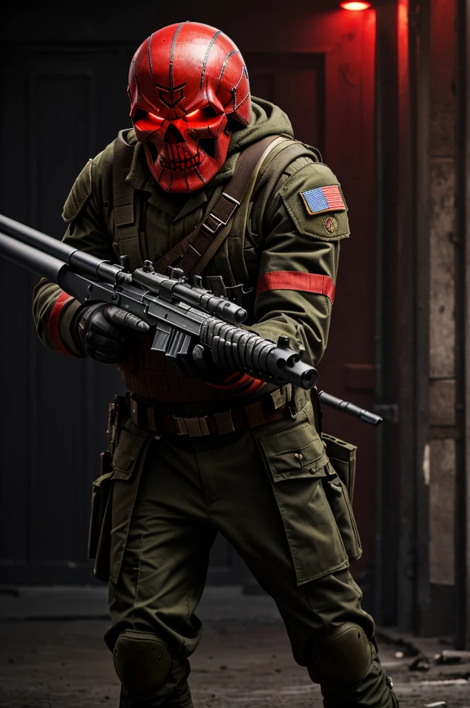 Generates an image where a man who is a soldier has a skull on his head with his military helmet and his eyes glow red (red skull shape) and he holds his AK-47 gun and looks anywhere, the dress is military. Russian, make it realistic and epic
