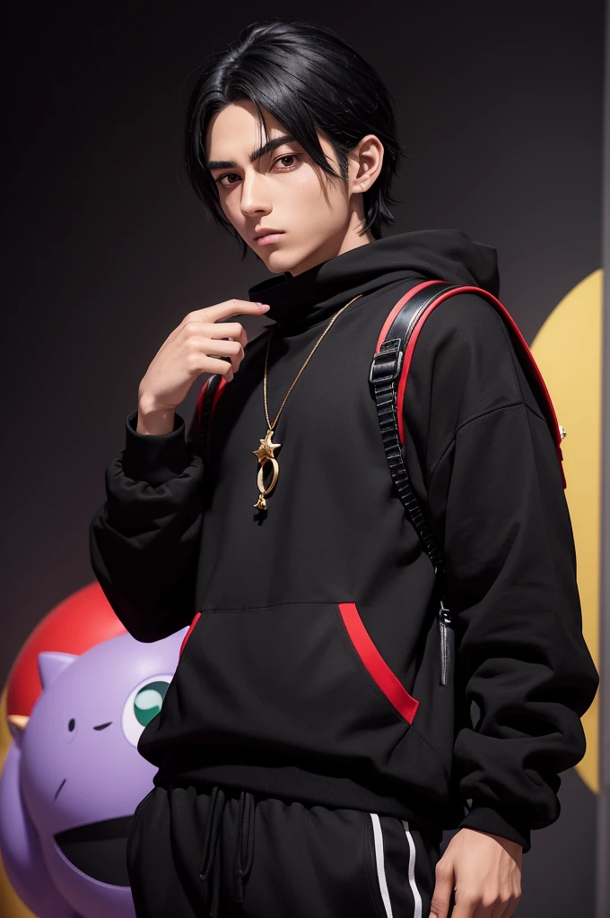 male anime character, black eyes black hair with slightly olive skin, with a high-neck sweatshirt and long sleeves in black with red stripes, wearing gold jewelry around your neck, and shiny gold rings on your finger,wearing thin black pants and red sneakers, wearing a black backpack on his back with a purple toy dragon hanging from his backpack
(show the character's entire body, put him in an environment, citys)