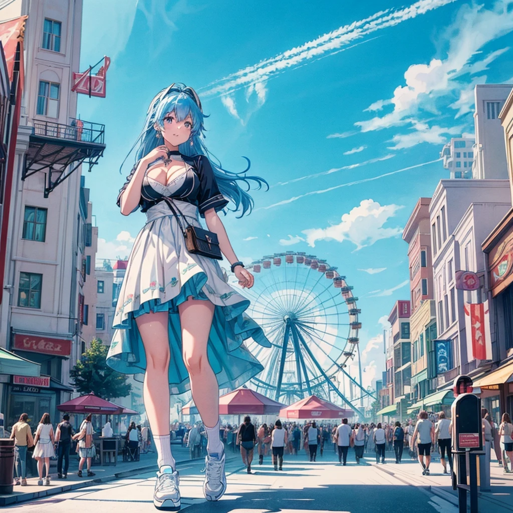 masterpiece　　Unreal Engine　Anime Style　Delicate painting　4K　90's　giant　crowd　 　amusement park　to　amusement parkに立っている巨大な女の子　Ferris wheel　ジェッtoコースター　　crowd　スカーto　　White T-shirt　Summer clothes　Short sleeve　Private Server　sneakers　White socks　watch　Black Hair　　smile　blue sky　cumulonimbuontrail　female giant giant girl Whole body 　 Destroyed skyscrapers Destroyed cars Crowd Unreal Engine,cleavage ,a dr a , earrings, long hair, 1980s (style) Cute picture　Beauty　Analog style　whole bodeakers　