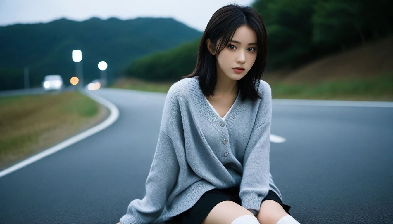 8K, Ultra-high resolution, Highest quality, masterpiece, 三分割法によるphotograph,Surreal, photograph, 1 Girl, (16 years old:1.3), pretty girl, Cute face, Beautiful eyes in every detail, 細かくdetailedに,masterpiece,One Girl:1.2, Japan Female Announcer,whole body,from below,Fearful expression,Black Hair,Messy hair,Cyber city of the near future,Wearing a cardigan sweater on your back、A girl alone in the middle of the road, Grey knee-length skirt, White knee-high socks and black shoes,Beautiful leg line beauty,Realistic Skin, Perfect and beautiful face ,完璧でCute face, Skin with attention to detail, Perfect limbs、Narrow waist、Thin legs),Looking at the audience、beauty,Long neck、(((Ideal body type))),A cup small breasts :2,Portraiture:2,Perfect Anatomy,鮮明なdetailed,detailed,Surreal,Light and shadow,darkness
