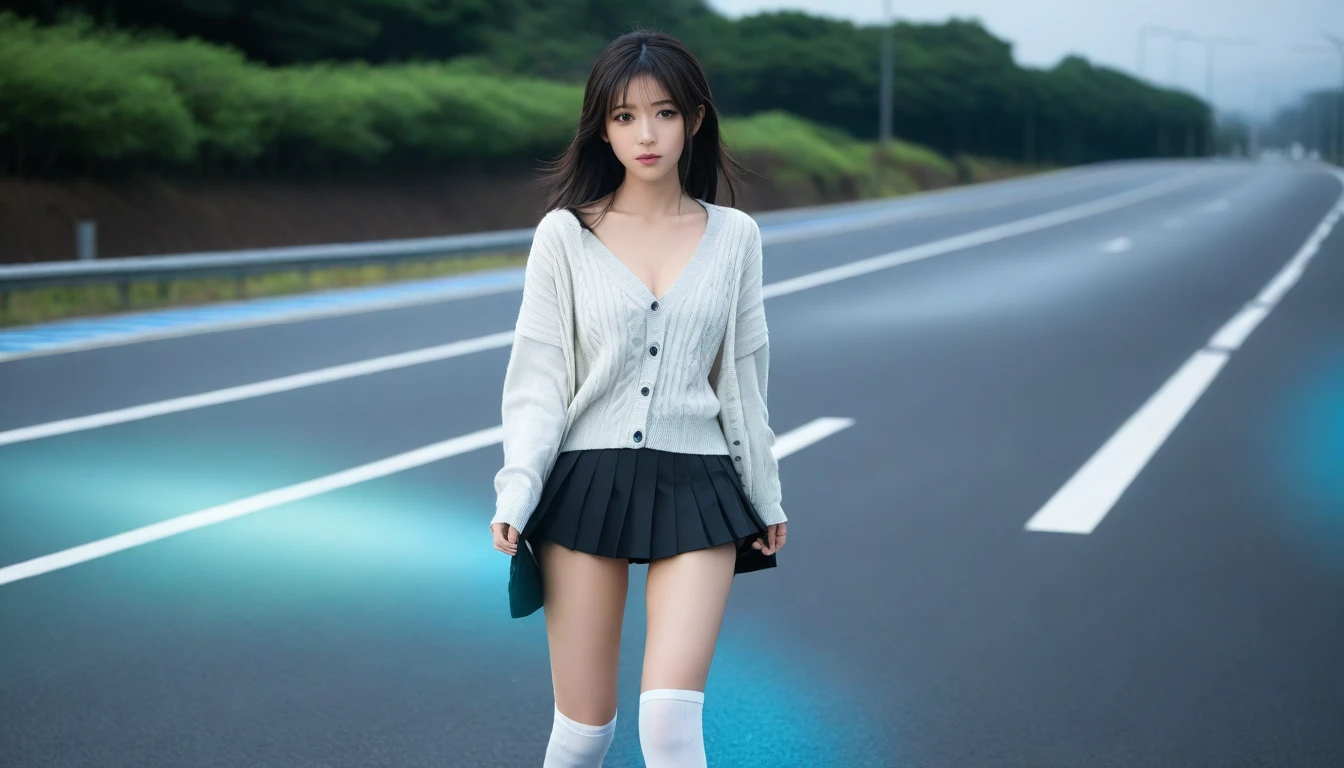 8K, Ultra-high resolution, Highest quality, masterpiece, 三分割法によるphotograph,Surreal, photograph, 1 Girl, (:1.3), pretty girl, Cute face, Beautiful eyes in every detail, 細かくdetailedに,masterpiece,One Girl:1.2, Japan Female Announcer,whole body,from below,Fearful expression,Black Hair,Messy hair,Cyber city of the near future,Wearing a cardigan sweater on your back、A girl alone in the middle of the road, Grey knee-length skirt, White knee-high socks and black shoes,Beautiful leg line beauty,Realistic Skin, Perfect and beautiful face ,完璧でCute face, Skin with attention to detail, Perfect limbs、Narrow waist、Thin legs),Looking at the audience、beauty,Long neck、(((Ideal body type))),A cup small breasts :2,Portraiture:2,Perfect Anatomy,鮮明なdetailed,detailed,Surreal,Light and shadow,darkness