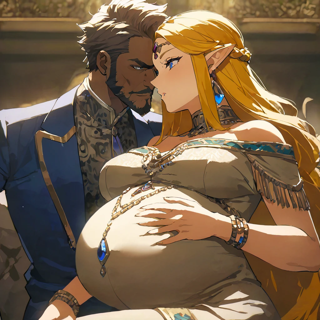 ((Highest quality)), ((masterpiece)), (detailed), (Perfect Face)、The woman is Queen Zelda of the Gerudo tribe, with blonde hair and blue eyes, and is wearing the luxurious dress of the Gerudo queen.、The man is a dignified, middle-aged man with a beard, strong red hair and dark skin, King Ganondorf, the king of the Gerudo tribe, and is wearing the luxurious attire of the Gerudo king.、A man and woman are kissing close together on the luxurious throne of the Gerudo royal family.、A queen and a king in love、the woman is pregnant