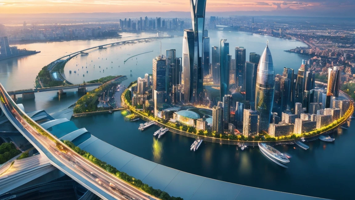 (Best quality,4K,8K,A high resolution,Masterpiece:1.2),Ultra-detailed,(Realistic,Photorealistic,photo-realistic:1.37),Futuristic floating city,Futuristic technology,Huge urban high-tech tablet platform,Airship,Floating in the sky,Futuristic city,Small airships around,High-tech hemispherical platform,Colorful lights,Advanced architecture,modernn architecture,skyscrapper,Access the cloud,Scenic beauty,view over city,Impressive design,Blend seamlessly with nature,energetic and vibrant atmosphere,Futuristic transportation system,Parking is suspended,Transparent path,Lush greenery,Sky gardens,cascading waterfalls,Magnificent skyline,reflections on the water,Sparkling river,Architectural innovation,futuristic skyscrapers,Transparent dome,The shape of the building is unusual,Elevated walkway,Impressive skyline,Glowing lights,Futuristic technology,Minimalist design,Scenic spots,Panoramic view,Cloud Piercing Tower,Vibrant colors,epic sunrise,epic sunset,Dazzling light display,magical ambiance,The future city,Urban Utopia,LuxuryLifestyle,Innovative energy,sustainable development,Smart city technology,Advanced infrastructure,Tranquil atmosphere,Nature and technology live in harmony,Awesome cityscape,Unprecedented urban planning,Architecture connects seamlessly with nature,High-tech metropolis,A cutting-edge engineering marvel,The future of urban living,Visionary architectural concept,Energy-efficient buildings,Harmony with the environment,A city floating above the clouds,Utopian dreams become reality,The possibilities are endless,State-of-the-art transportation network,Green energy integration,Innovative materials,Impressive holographic display,Advanced communication system,Breathtaking aerial view,Quiet and peaceful environment,Modernist aesthetics,Ethereal beauty