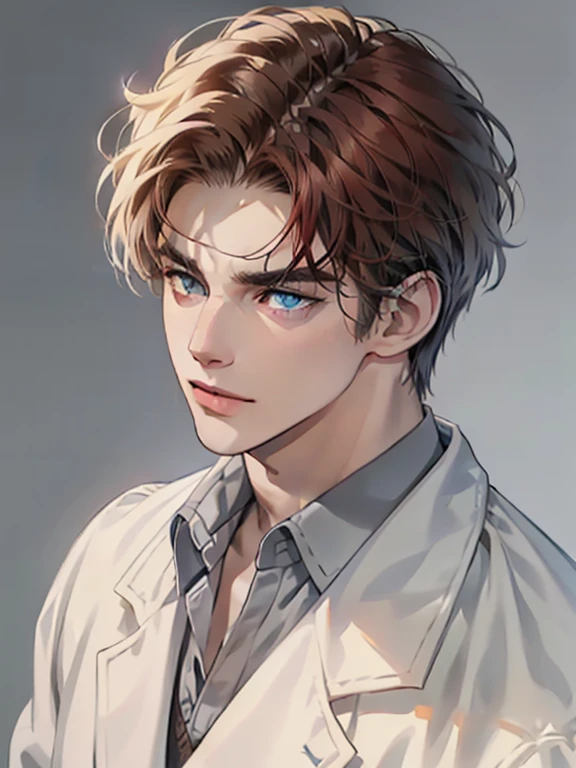 masterpiece, best quality, realistic, 1man, mature male, quiet and charming  man, 25 year old, serious look, closed mouth, portrait, extremely detailed face, cold smile in love, ((dark grey blue eyes)), ((short-right-swept dark Red hair)), [thick eyebrows], ((suit)), handsome, full body, western, Jewish, light brown skin,
