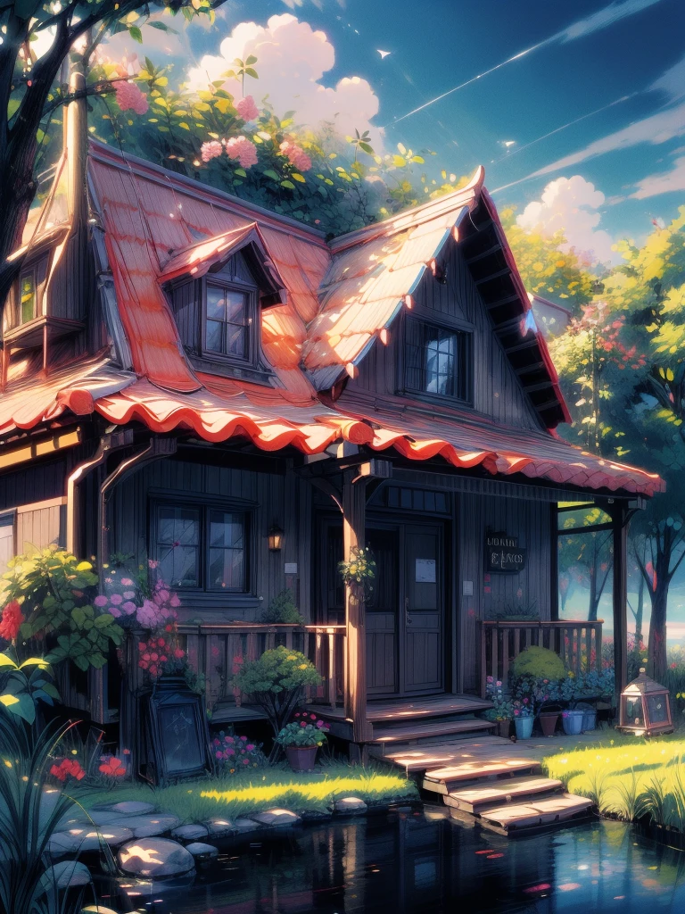 a hut surrounded by trees, line art, pretty sky, cart, shadow, shade, ghibli style, flowers, stone, lake, reflection, no humans, scenery, outdoors, sky, cloud, building, sign, house, window, plant, cloudy sky, bush, sunset, masterpiece, high resolution