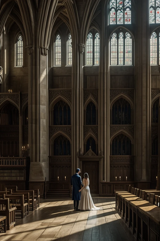 A drawing of two people in the Great Hall at Hogwarts, dressed in wizards' robes and holding magic wands. Around them, gummies floating like sweet spells. In the hand of one of them, a bouquet of tulips. In the background, a flying racing car and the Narnia lantern in a corner. On a nearby table, the Sorting Hat and the Hogwarts crest visible. A deer-shaped Patronus floating in the air. In a corner of the drawing, the phrase 'I don't need a spell to know that you are meant to be in my life'