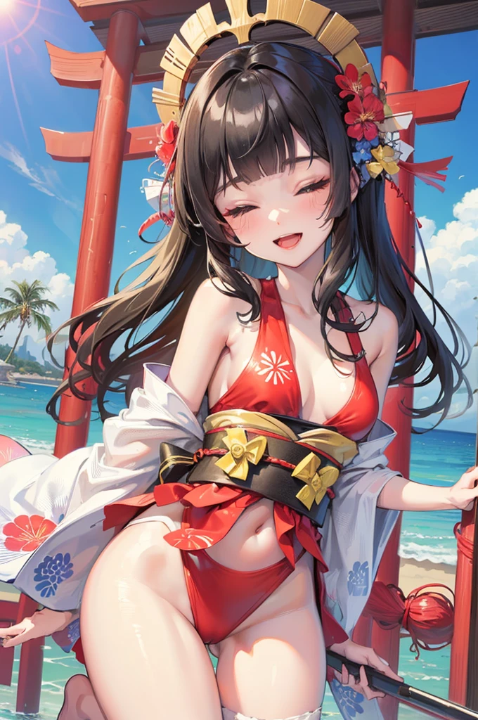 (pov kimono style swimsuit) (beautiful body), (solo:2, 15 yo, blunt bangs:1.3 black hair long hair sexy shrine girl, sexy closed eyes, happy smile), (in a japanese modern:1.3 shrine swimsuit, wabisabi:1.3, white and red), break, in the Swimsuit contest venue, background Double Exposure beautiful ocean, BREAK, perfect anatomy, masterpiece, best quality, 16k, beautiful detailed love, sexy, daydreaming expression.