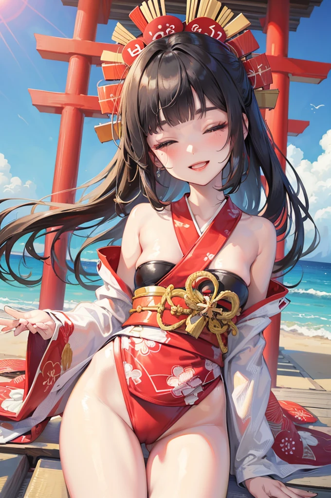 (pov kimono style swimsuit) (beautiful body), (solo:2, 15 yo, blunt bangs:1.3 black hair long hair sexy shrine girl, sexy closed eyes, happy smile), (in a japanese modern:1.3 shrine swimsuit, wabisabi:1.3, white and red), break, in the Swimsuit contest venue, background Double Exposure beautiful ocean, BREAK, perfect anatomy, masterpiece, best quality, 16k, beautiful detailed love, sexy, daydreaming expression.