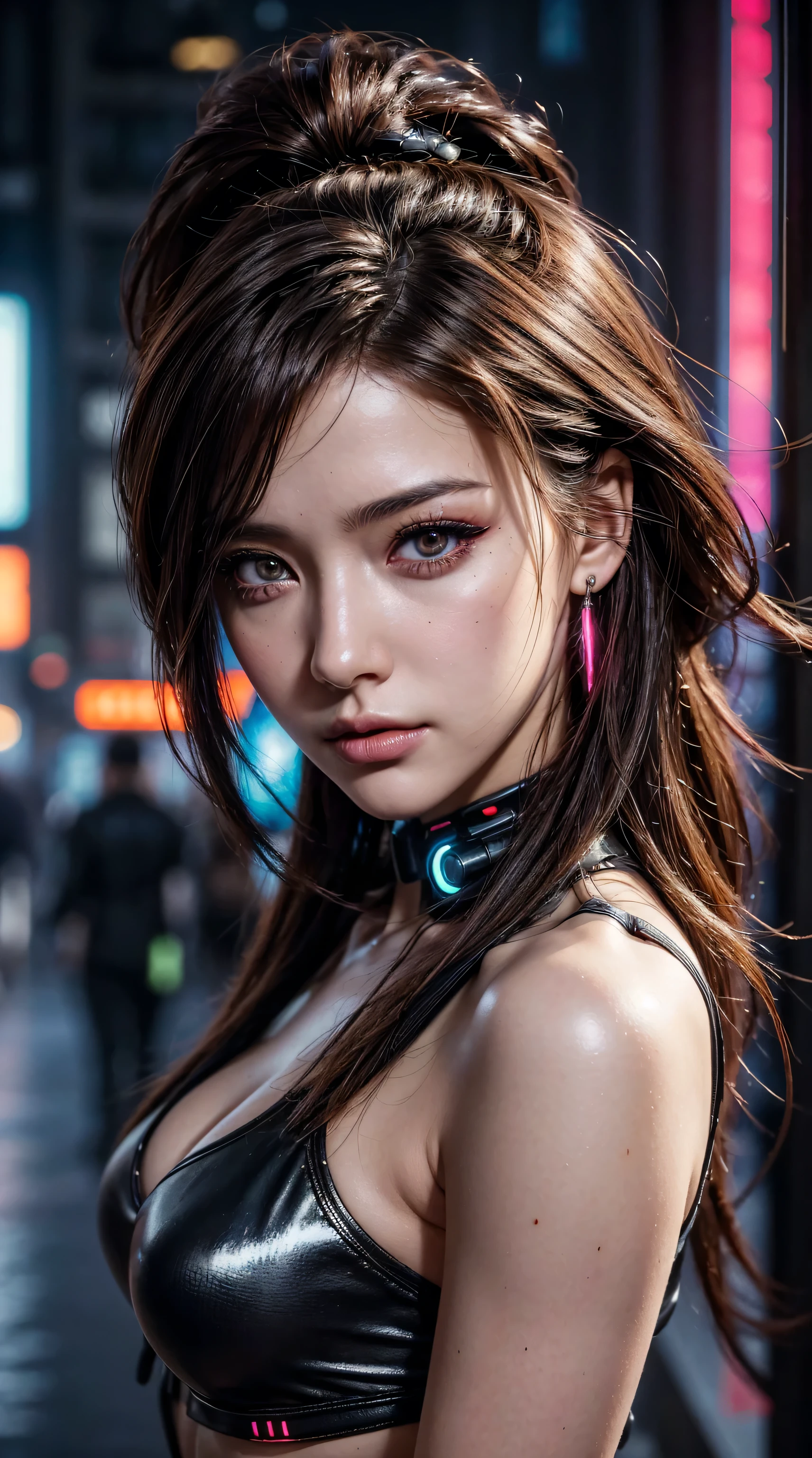(photorealistic Realism 16K Quality, ultra-fine digital art), (Hyper-realistic proportional body, anatomically correct:1.3), beautiful girl, Half Body Portrait, Short, bright red, messy hair, Black Eyeshadow, ((Cyberpunk Street Style Wear:1.35)), (Urban Background:1.25), Heavy makeup, Digital Art, Trending on Art Station, highly detailed, The finer details, Complex, beautiful detailed glow, (super detailed beautiful, slim and sharp-face), (light pale complexion). BREAK, (Super beautiful, (Insanely details brown_eyes1.25), ((Hyperrealistic sharp real human eyes)), (tired and sleepy and satisfied:0.0), perfect round eyes, (finely detailed pupils:1.3), detailed, Cinematic Light, High resolution, detailed facial features,Sharp focus, Smooth, beautiful, ((dark_shot:1.2))