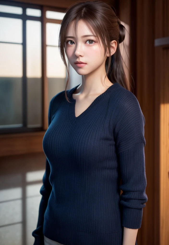 8K, of the highest quality, masutepiece:1.2), (Realistic, Photorealsitic:1.37), of the highest quality, masutepiece, Beautiful young woman, Embarrassed look, Hair tied back, Kamimei、Messy mood, Cinematic background, Tired, Light skin tone