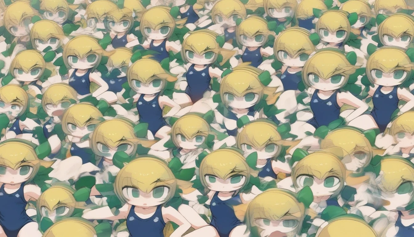 20000+ clone girls, roll(mega man classic),swimsuit roll(mega man x dive old design),mega man x dive, Short stature,flat chest,clone girls,extremely number of clone girls, blond hair, green eyes,high ponytail hair,Sleeveless navy one piece old type school swimsuit with white stripes from armpit to flank,white name tag, navy heeled sandals, green ribbon,human appearance,same height,same appearance, same face,fill the entire image, absolutely everyone, many clone, perfect features,multiple clone girls,same school swimsuit,same hair,official art,girls only,extremely full of extremely crammed,huge crowd,densely packed, masterpiece, best quality,insanely detailed,horde of clone girls, lots of clone girls