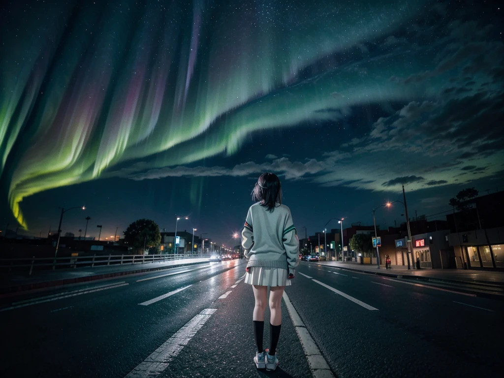 City landscape combination of Mexico and Japan modern avenue anime night neon lights and starry sky northern lights galaxy, a lonely anime girl in the middle of the street with her back to herself wearing a dark flag green cardigan sweater, gray-gray knee-length skirt, white socks and black shoes