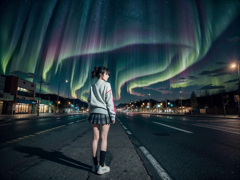 City landscape combination of Mexico and Japan modern avenue anime night neon lights and starry sky northern lights galaxy, a lonely anime girl in the middle of the street with her back to herself wearing a dark flag green cardigan sweater, gray-gray knee-length skirt, white socks and black shoes