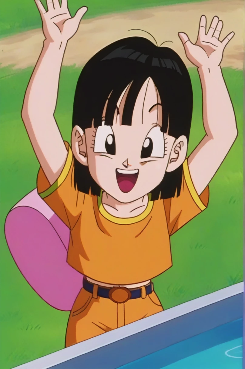 fountain_cheered up, score_9, score_8_above, score_7_above, cheered up screencap,8k, absurd res,
Pan \(dragon ball\), 1 girl, Alone, SMILE, Open mouth, hits, happy, Grass, black fur, field, clavicle, aboveper body, :d, dientes, blunt hits, outdoors, black eyes, arm above, eyelashes, aboveper dientes only, happy, gold trim, in front of the viewer, close-above, bandana, retro artStyle, , 1990s \(Style\), orange bandana, language, raised eyebrows, arms above, short hair, sex, nude