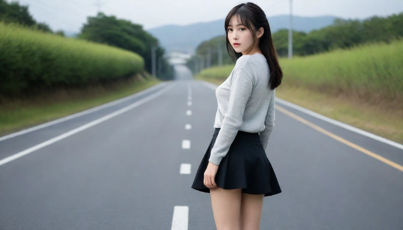 8K, Ultra-high resolution, Highest quality, masterpiece, 三分割法によるphotograph,Surreal, photograph, 1 Girl, (16 years old:1.3), pretty girl, Cute face, Beautiful eyes in every detail, 細かくdetailedに,masterpiece,One Girl:1.2, Japan Female Announcer,whole body,from below,Fearful expression,Black Hair,Messy hair,Cyber city of the near future,Wearing a cardigan sweater on your back、A girl alone in the middle of the road, Grey knee-length skirt, White knee-high socks and black shoes,Beautiful leg line beauty,Realistic Skin, Perfect and beautiful face ,完璧でCute face, Skin with attention to detail, Perfect limbs、Narrow waist、Thin legs),Looking at the audience、beauty,Long neck、(((Ideal body type))),A cup small breasts :2,Portraiture:2,Perfect ???????,鮮明なdetailed,detailed,Surreal,Light and shadow,darkness