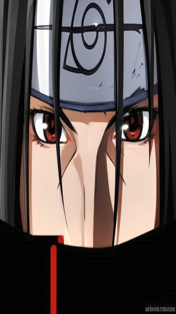the character of a handsome, handsome character named "UCIHA ITACI" in the ANIME film series has red eyes, pupils, forming a pattern, LONG BLACK HAIR, HD 8k photo quality with a background of gay bird wings falling in the sky.