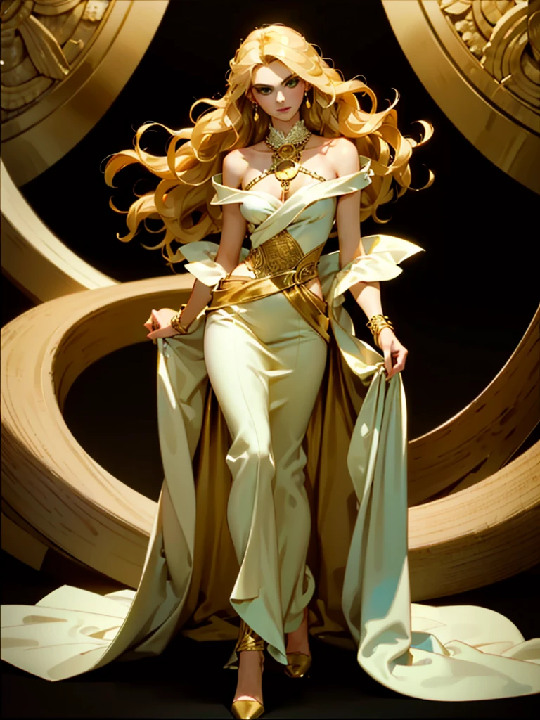 She has an Elegant, Blonde-Haired Appearance, with a Graceful and Sophisticated Charm. She has a Tall, Slender Build and exudes Confidence and Poise. Her Emerald Green Eyes Sparkle with Intelligence and Curiosity. Her Long, Flowing Hair is Golden Blonde, Wavy, and Luxuriously Shiny. She Wears a Flowing, White Gown with Gold Embroidery, Accentuating her Regal Bearing. (portrait photo), (ultra detailed), (dark background)