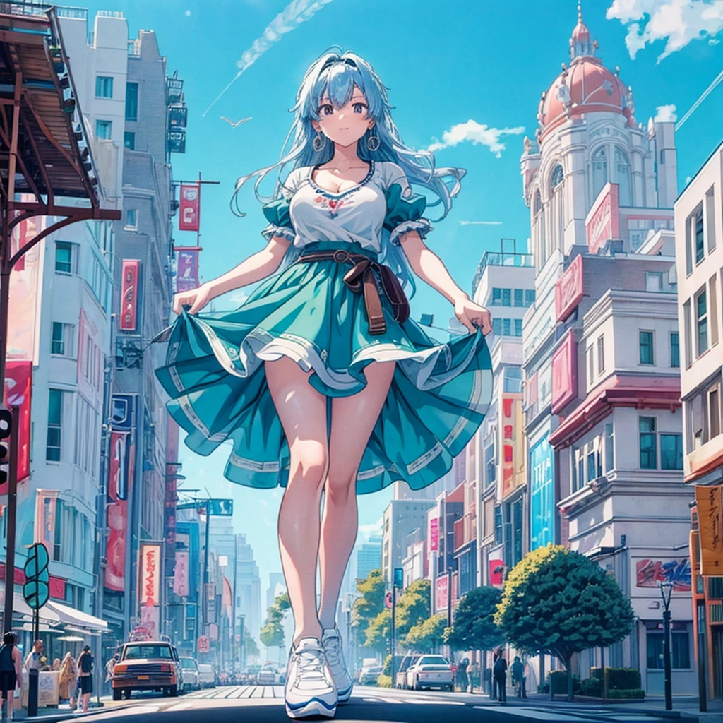 masterpiece Unreal Engine Anime Style Delicate painting 4K 90's giant crowd amusement park to amusement parkに立っている巨大な女の子 Ferris wheel ジェッtoコースター crowd スカーto Big Breasts White T-shirt Summer clothes Short sleeve Private Server sneakers White socks watch Black Hair smile blue sky cumulonimbus Contrail female giant giant girl Whole body Destroyed skyscrapers Destroyed cars Crowd Unreal Engine,cleavage ,a drawing of a , earrings, long hair, 1980s (style) Cute picture Beauty Analog style whole body sneakers