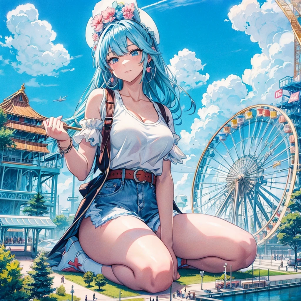 masterpiece Unreal Engine Anime Style Delicate painting 4K 90's giant crowd amusement park to amusement parkに立っている巨大な女の子 Ferris wheel ジェッtoコースター crowd スカーto Big Breasts White T-shirt Summer clothes Short sleeve Private Server sneakers White socks watch Black Hair smile blue sky cumulonimbus Contrail female giant giant girl Whole body Destroyed skyscrapers Destroyed cars Crowd Unreal Engine,cleavage ,a drawing of a , earrings, long hair, 1980s (style) Cute picture Beauty Analog style whole body sneakers