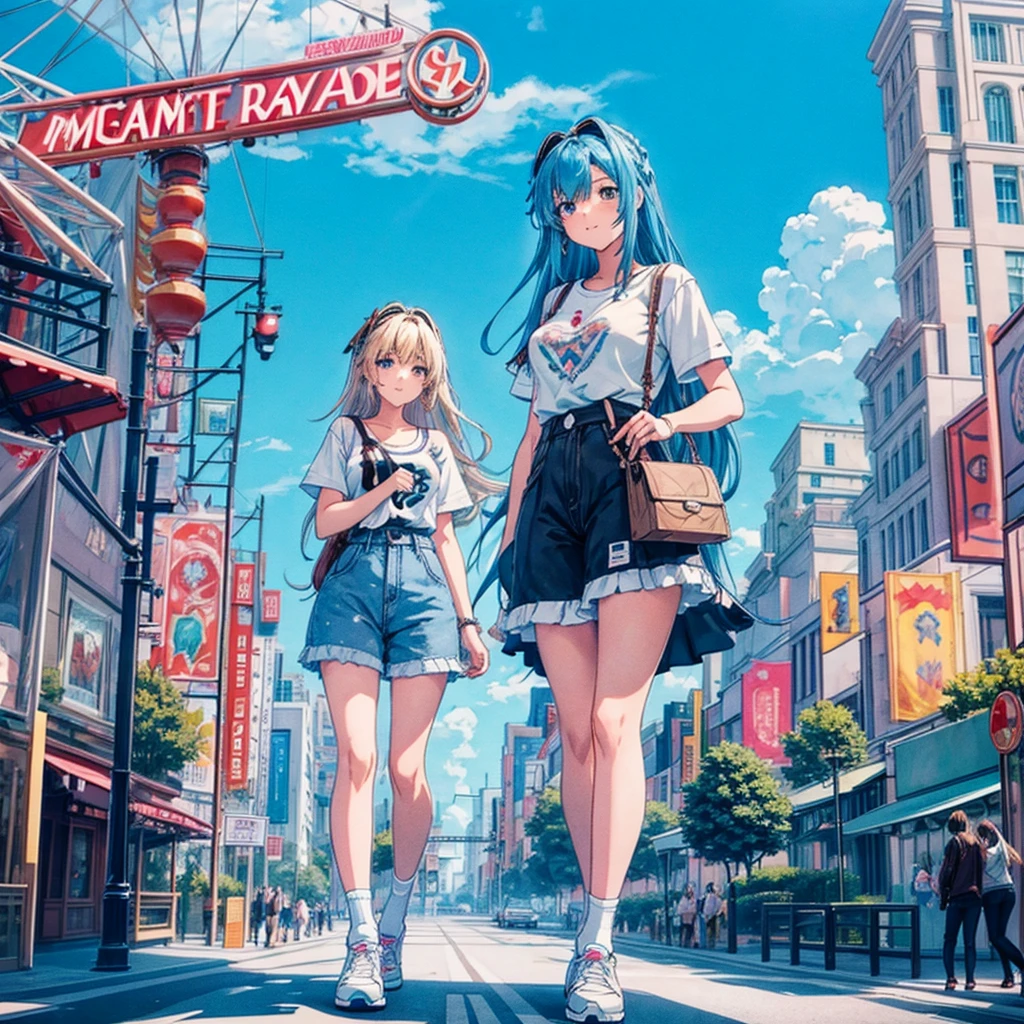 masterpiece Unreal Engine Anime Style Delicate painting 4K 90's giant crowd amusement park to amusement parkに立っている巨大な女の子 Ferris wheel ジェッtoコースター crowd スカーto Big Breasts White T-shirt Summer clothes Short sleeve Private Server sneakers White socks watch Black Hair smile blue sky cumulonimbus Contrail female giant giant girl Whole body Destroyed skyscrapers Destroyed cars Crowd Unreal Engine,cleavage ,a drawing of a , earrings, long hair, 1980s (style) Cute picture Beauty Analog style whole body sneakers