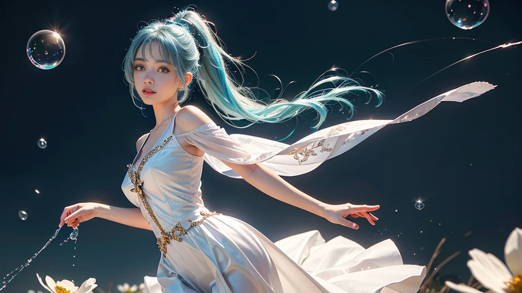 (masterpiece), (Highest quality), (Very detailed), (Disheveled Hair), (shape), (One Girl), (Fashionable clothes), Are standing, Fashion Model, Beholder, (interview), (Simple Background), Beautiful and beautiful eyes, Delicate and beautiful face, floating, (High chroma), (Colorful Splash), Colorful bubbles, (Shine), Focus on the face, ponytail, Light blue hair, bangs, Hair Ring, floating Flowers, floating Hairs, (The Shining), Best lighting, Best Shadow, Big, firm, swaying breasts