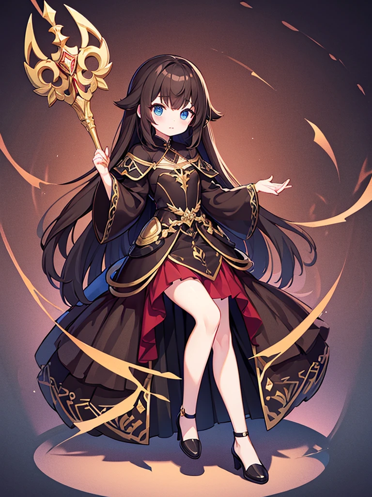 Full-body portrait、Holding a black sword、woman、、Brown Hair、Long Hair、Mischievous、Brown based dress