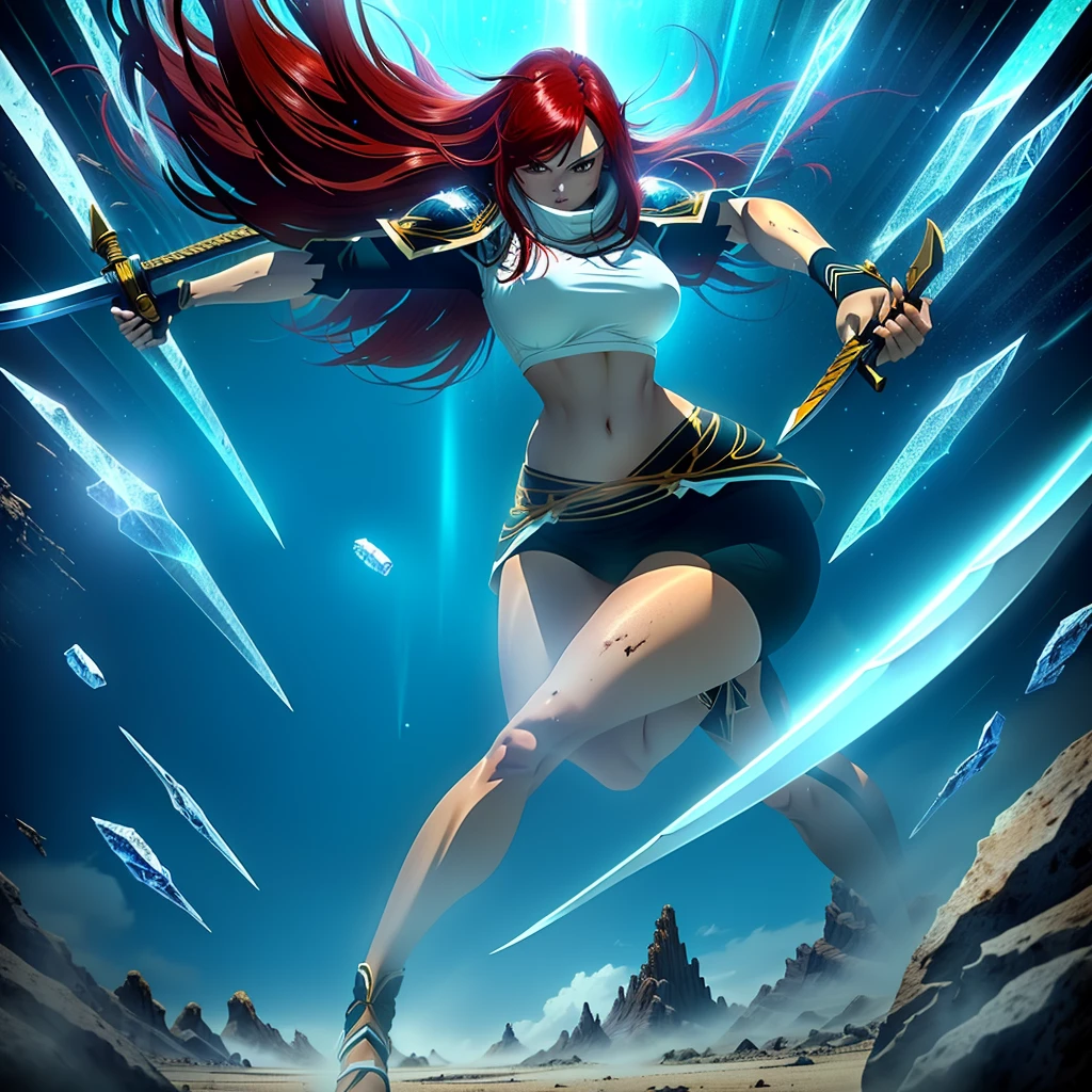 Beautiful erza running with a sword in her right hand, dynamic movement, dynamic pose perspective, dynamic perspective pose, foreshortening, metal armor, crystals, red hair, glowing brown eyes, tan skin, brawny, dirty, toned, big ass, big hips, big thighs, big legs, big breasts, small waist, narrow waist, thin, skinny, slim