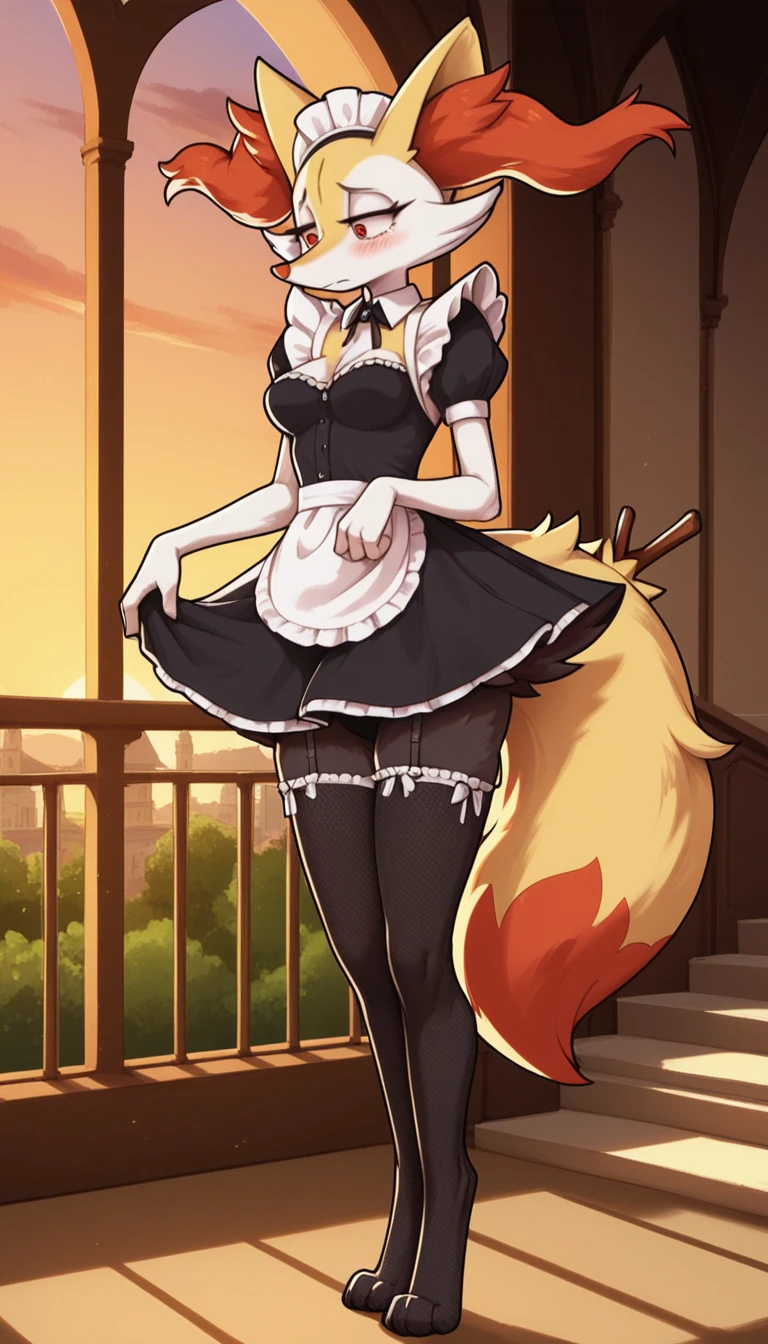 1girl, anthro, furry, fur, fluffy fur, braixen girl, Red eyes, full body, (19 years), medium breast, thicc thighs, solo, (mansion), sunset, detailed, maid outfit, fishnet stockings, shy, nervous, sunset, (sad), (depressed), (baggy eyes), standing, half-closed eyes, , score_9, score_8_up, score_7_up, score_6_up, score_5_up, score_4_u