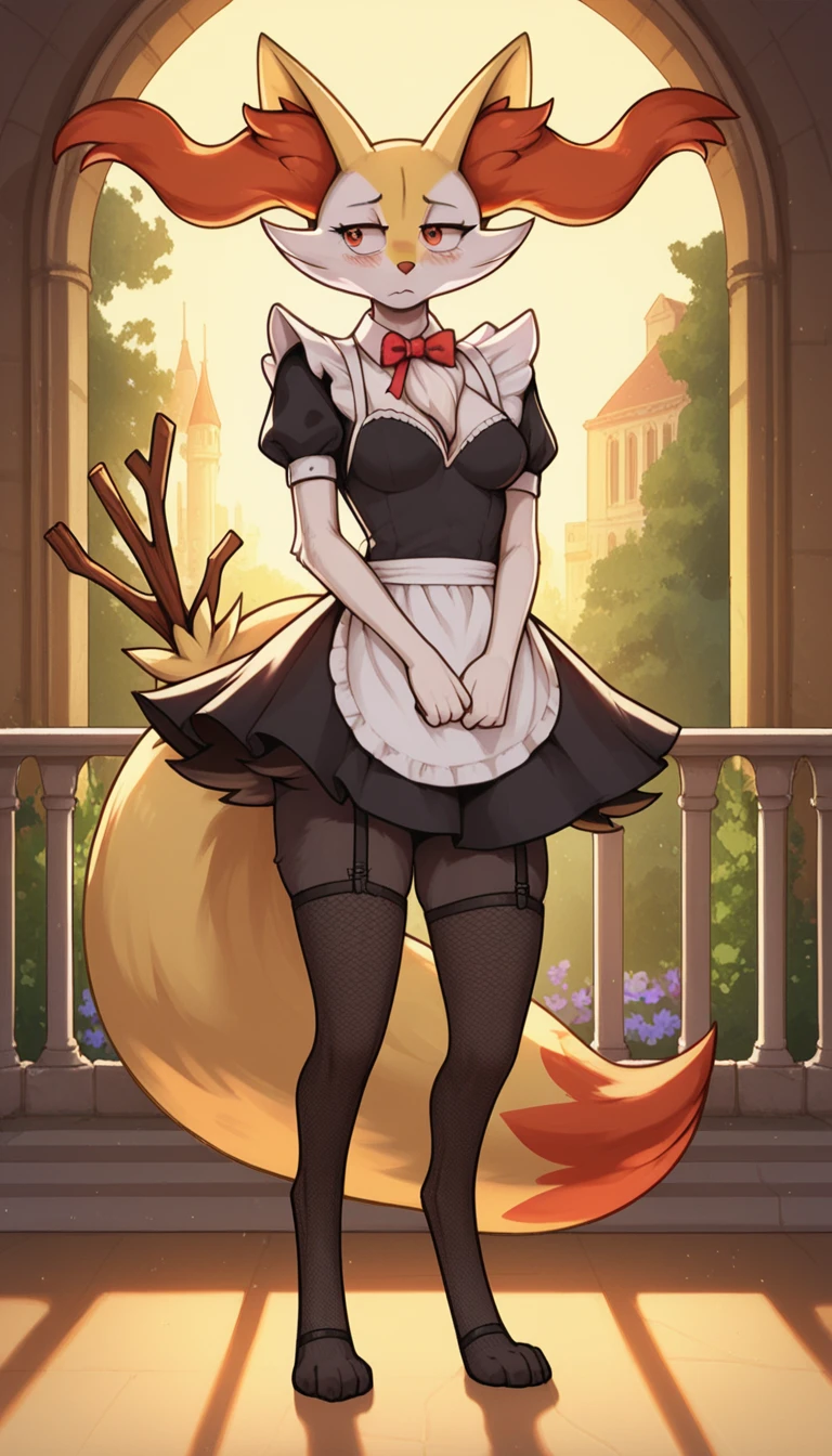 1girl, anthro, furry, fur, fluffy fur, braixen girl, Red eyes, full body, (19 years), medium breast, thicc thighs, solo, (mansion), sunset, detailed, maid outfit, fishnet stockings, shy, nervous, sunset, (sad), (depressed), (baggy eyes), standing, half-closed eyes, , score_9, score_8_up, score_7_up, score_6_up, score_5_up, score_4_u