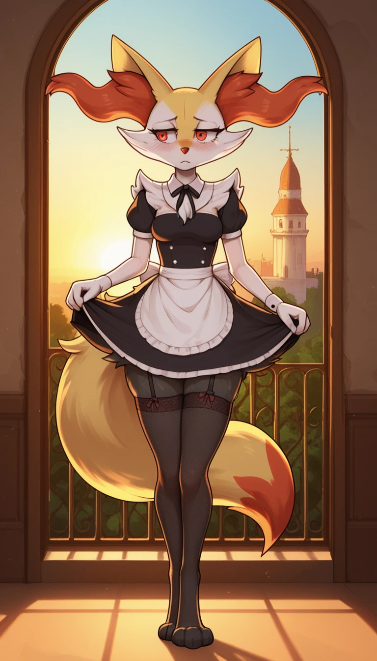 1girl, anthro, furry, fur, fluffy fur, braixen girl, Red eyes, full body, (19 years), medium breast, thicc thighs, solo, (mansion), sunset, detailed, maid outfit, fishnet stockings, shy, nervous, sunset, (sad), (depressed), (baggy eyes), standing, half-closed eyes, , score_9, score_8_up, score_7_up, score_6_up, score_5_up, score_4_u