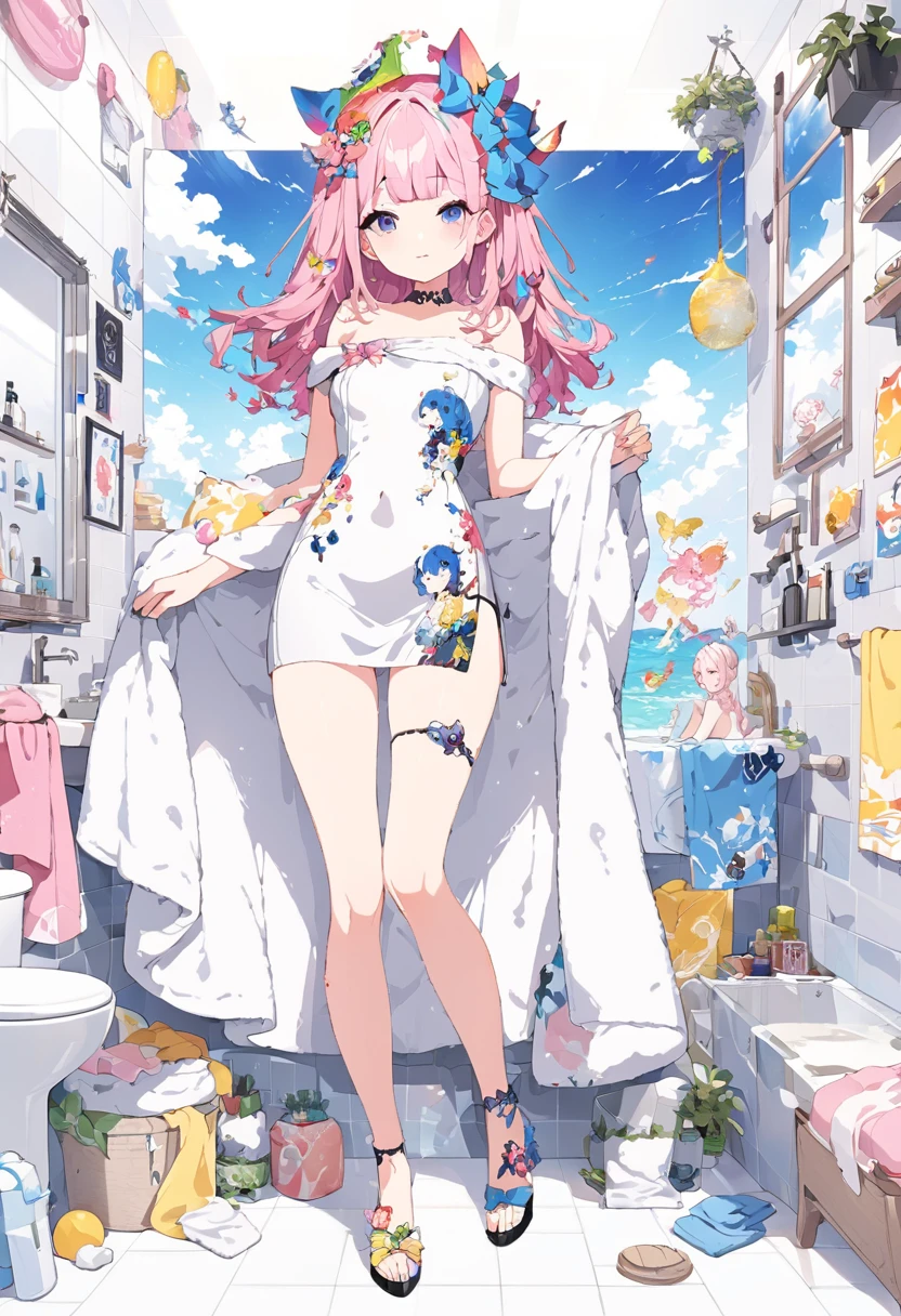 Momoko Sakura Style、8K quality、Intense watercolor,, Watercolor splash, Surreal, Avant-garde pop art, wonderful, Cool Beauty, Highest quality、Official Art, Vector art, Stylish design, (((The most beautiful girl))), ((Thin legs))、(((Highest quality))), High resolution, ((detailed)), (((Doodle Art)), ((masterpiece)), ((Super detailed)),(((1 bath towel))),,(Sexual)
